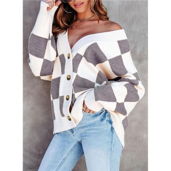 NEW Womens Plaid V Neck Button Down Long Sleeve Cable Knit Oversized Cardigan - Picture 6 of 6